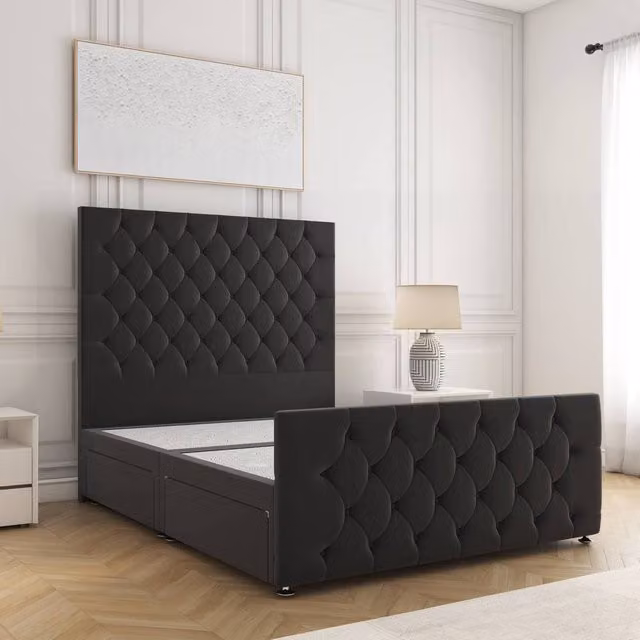 BSSPOKE Maya Velvet Divan Bed with 54 inch Headboard and 2 Drawers, Black, W/D/H: 90 x 190 cm
