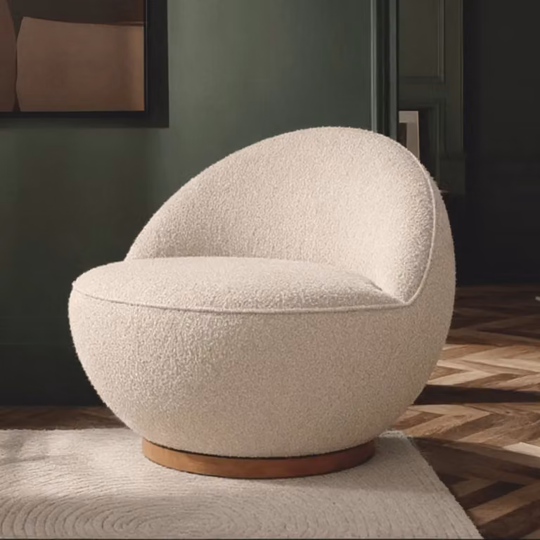 Atkin and Thyme Molly Swivel Lounge Chair in Beige, Brown or White Bouclé with Mixed Wood and Metal Frame