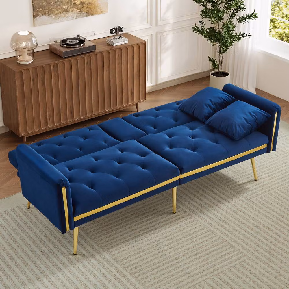 BTM Blue Velvet Two Seater Sofa Bed with Adjustable Headrest and Cup Holders, W/D/H: 174 x 150 x 76 cm – 10
