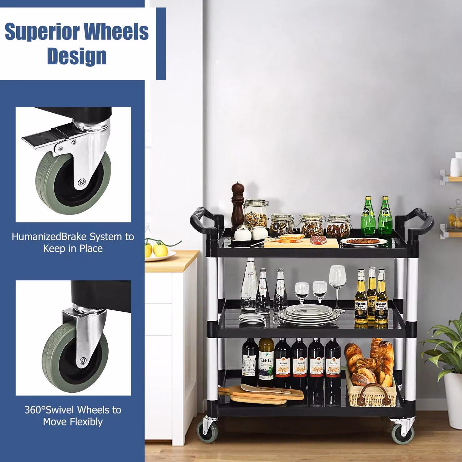Costway Heavy Duty 3 Tier Kitchen Storage Service Trolley in Black – 6