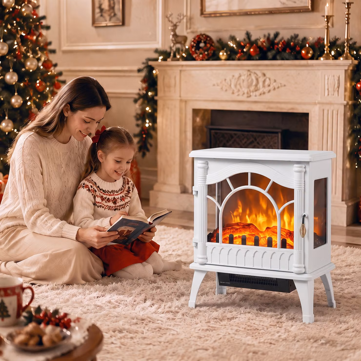 HOMCOM 3-Sided Glass Electric Fire Fan Heater, Freestanding Log Burner with Flame Effect, White – 7