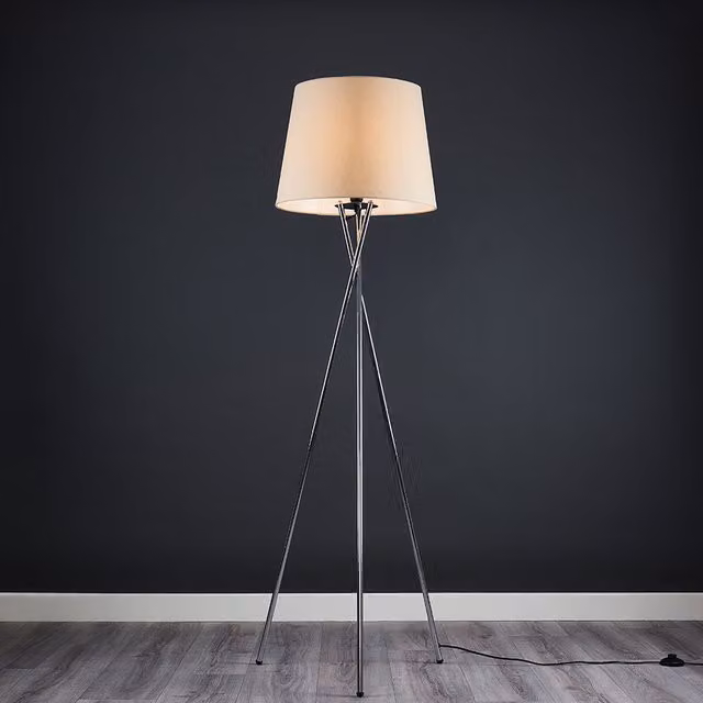 ValueLights Camden Chrome Tripod Floor Lamp with Beige Fabric Tapered Shade and Bulb