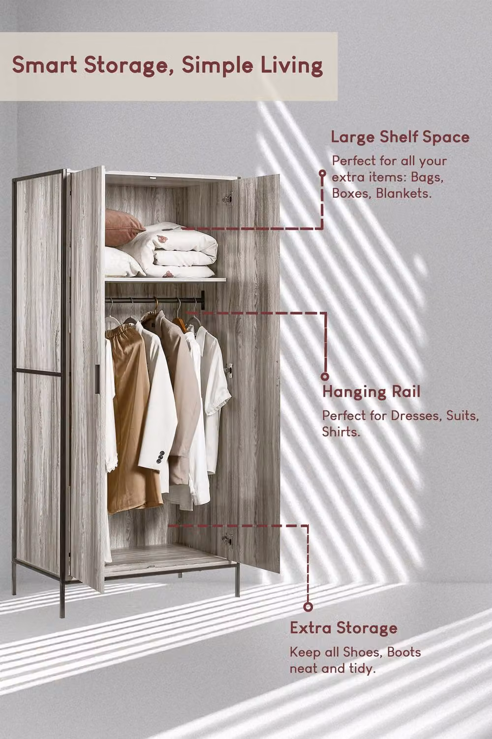 HD Designs Brooklyn 2 Door Wardrobe in Grey, W/D/H: 180 x 52 x 83 cm – 5