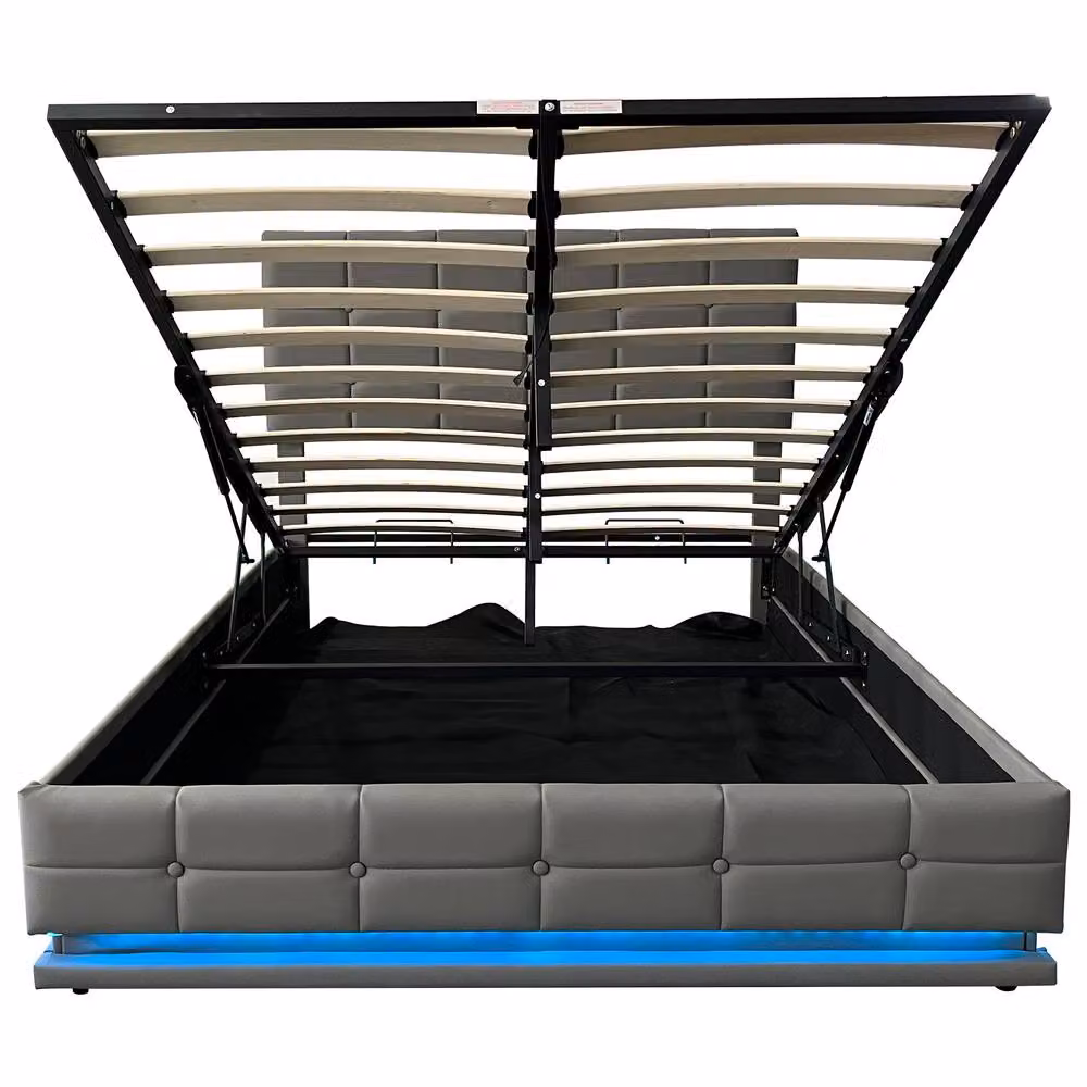 Rolipo Grey PU Leather Double Ottoman Bed Frame with LED Lighting and Under-Bed Storage, W: 140 cm, L: 200 cm – 6