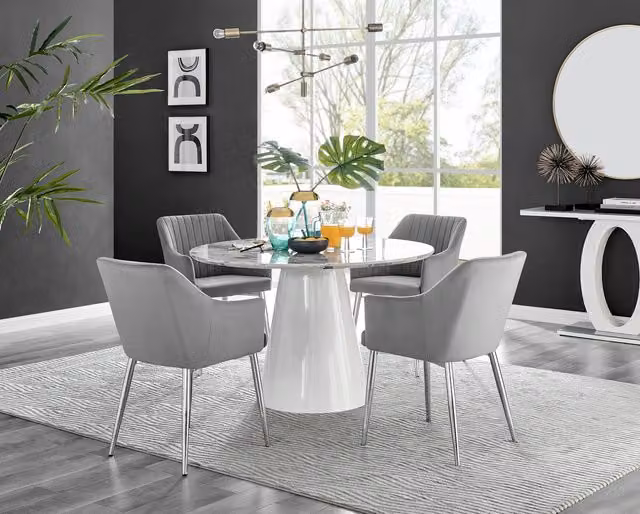 Furniturebox Palma White Marble Effect Round Dining Table and 4 Calla Grey Velvet Chairs with Silver Legs