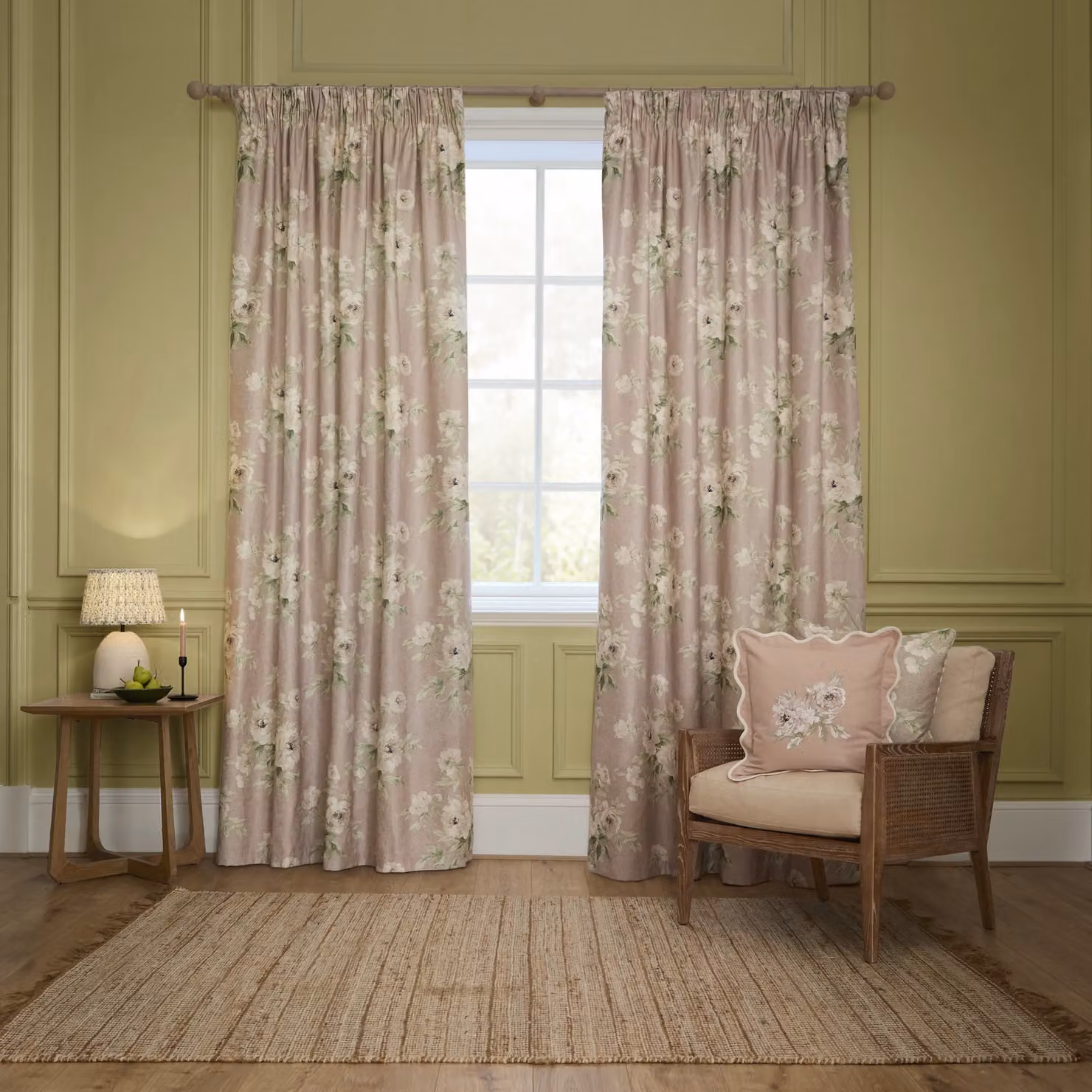 Sanderson Adele Floral Chenille Pencil Pleat Curtains in Pink, Width: 168 cm, Drop: 137 cm – 2