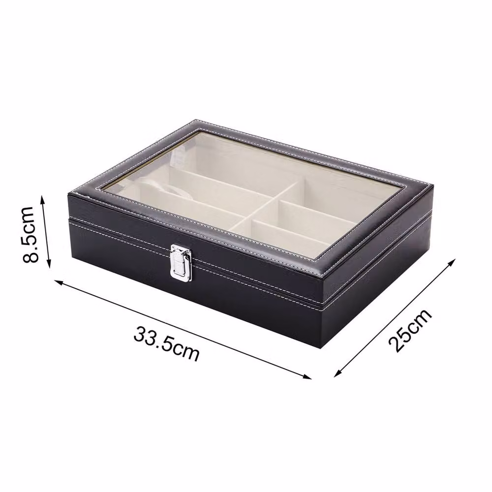 Nordara Black Leather and Glass 8 Grid Eyeglass and Sunglasses Storage Display Case with Lid – 2