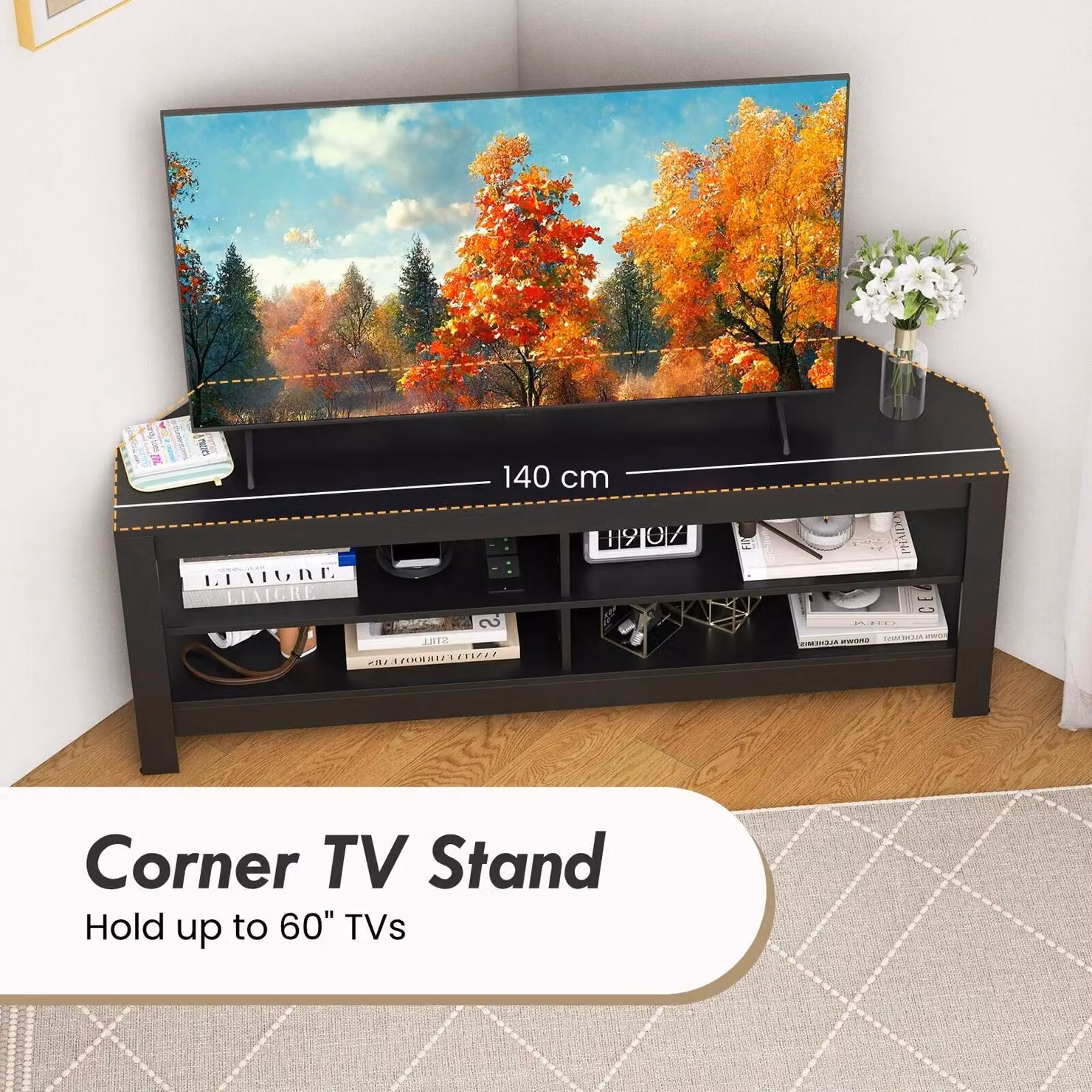 Costway Modern 3-Tier Corner TV Stand with Power Outlet for up to 60 inch TVs in Black – 3
