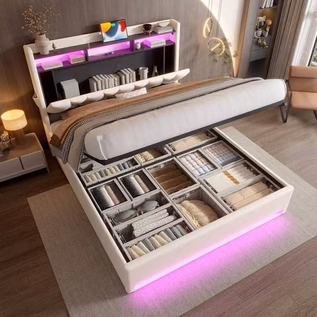 Direct Wicker Beige Upholstered King Storage Bed with LED Lighting and USB Type-C, W/D/H: 150 x 200 cm – 1