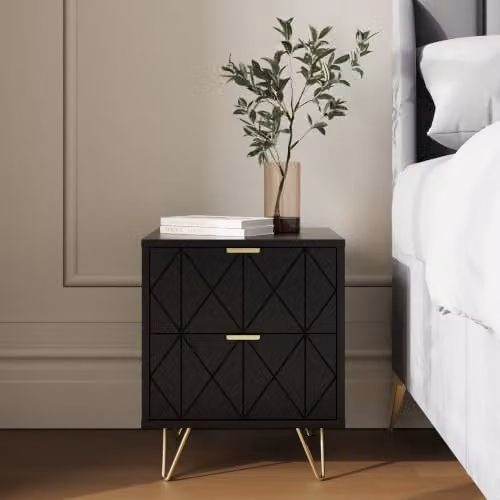 GFW Alora Pair of 2-Drawer Bedside Tables with Geometric Diamond Fronts, Gold Handles and Black Hairpin Legs