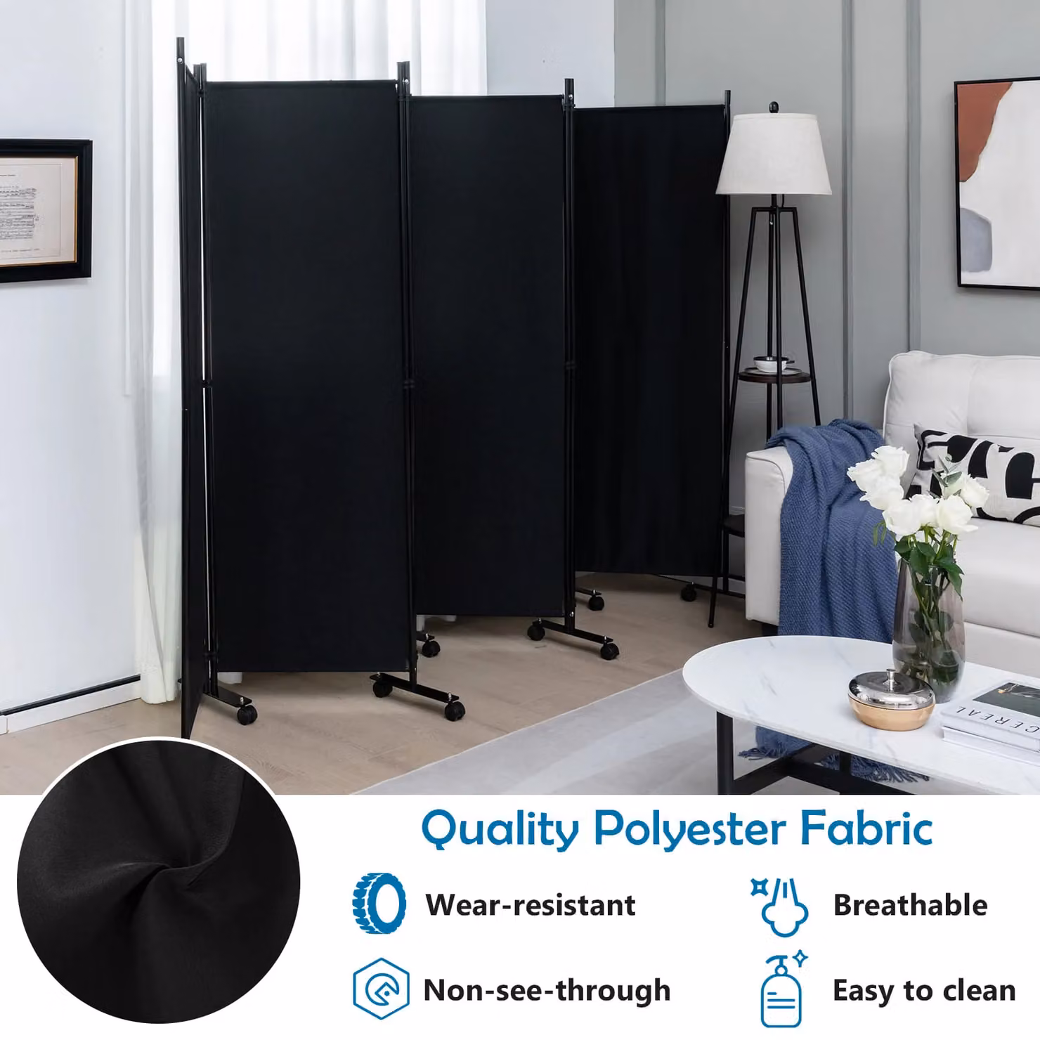 Costway 6-Panel Folding Room Divider Privacy Screen with Lockable Wheels, Black, Height: 172 cm – 6