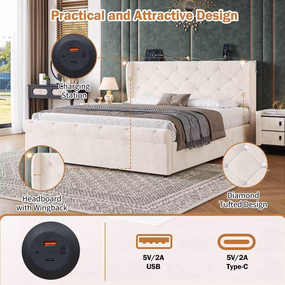 BTM Grey Velvet Ottoman Storage Bed with USB Charging Port and Integrated Reading Light, W/D/H: 140 x 200 x 145 cm – 3