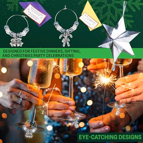 KreativeKraft Luxury Christmas Crackers with Wine Glass Charms and Festive Glass Markers, 6 Pack, Silver Star and Multicolour – 4