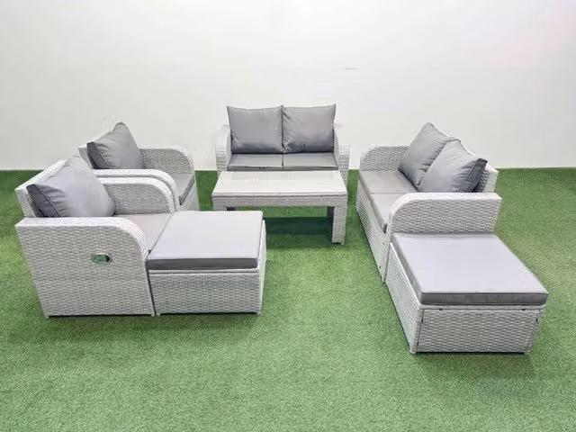 Fimous 8 Seater Rattan Garden Furniture Set in Light Grey with Oblong Coffee Table and 2 Ottomans