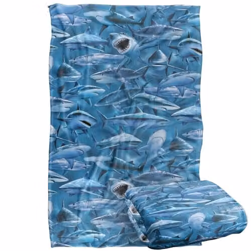 JQ Licensing Royce Mcclure Great White Shark Attack Pattern Super Soft Fleece Throw Blanket, W/D/H: 91 x 147 cm, Blue/Multicolour – 1