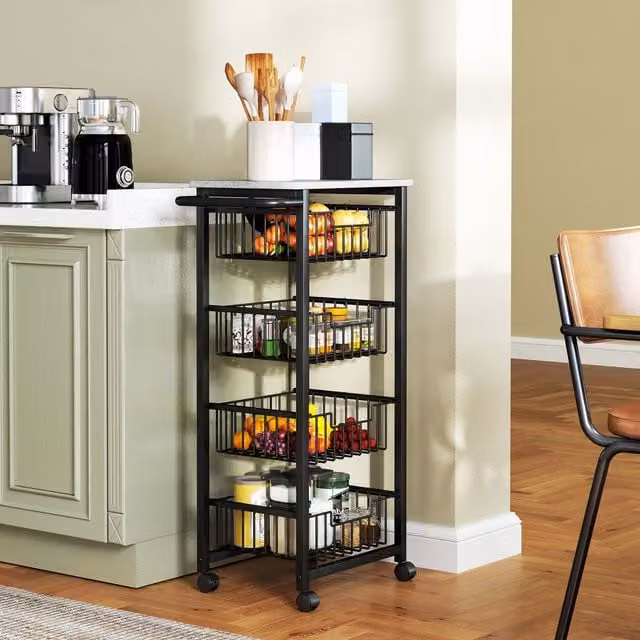 HOMCOM Modern 4 Tier Kitchen Island on Wheels with 3 Pull Out Metal Baskets in Grey