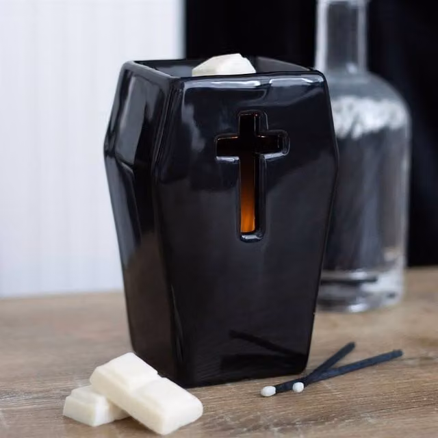 Uniqueful Gothic Coffin Ceramic Oil Burner in Black for Tealights