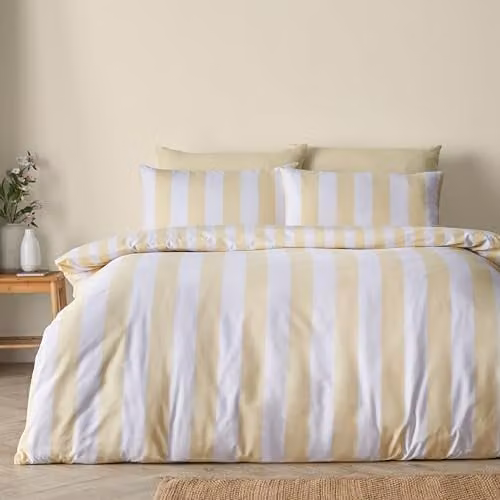 Catherine Lansfield Cove Stripe Reversible Single Duvet Cover and Pillowcase Set in Yellow and White, Duvet Cover: 135 x 200 cm, Pillowcase: 50 x 75 cm