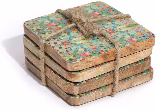 Serenityy Set of 4 Square Wood Coasters with Multicolour Geometric Mediterranean Tile Pattern – 1