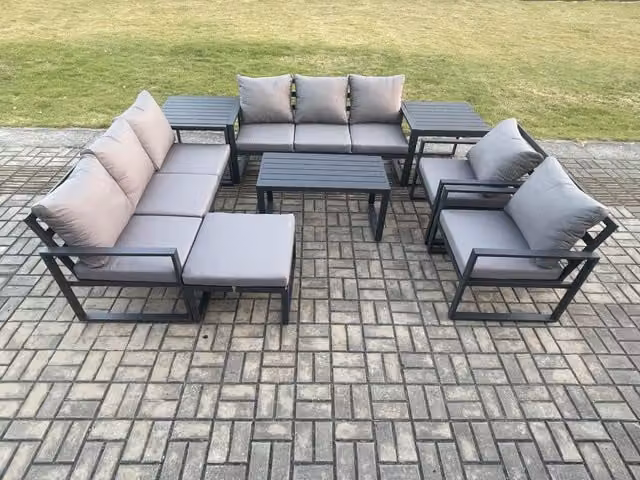 Fimous 9 Seater Aluminium Outdoor Garden Furniture Set in Dark Grey with U-Shape Sofa, Coffee Table and Ottoman