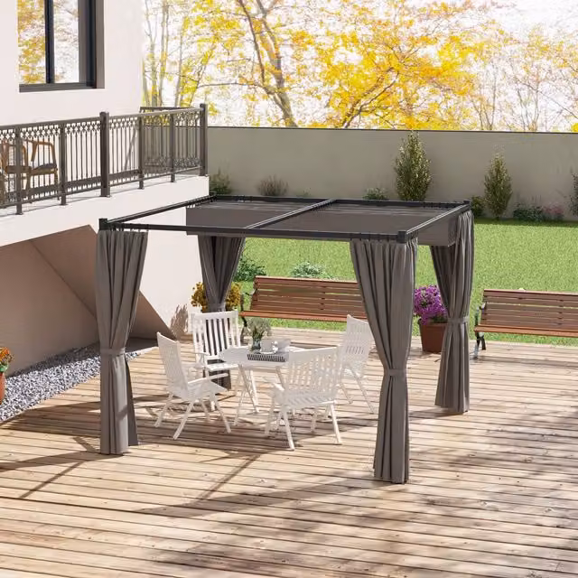 Outsunny Retractable Pergola Canopy with Curtains in Grey