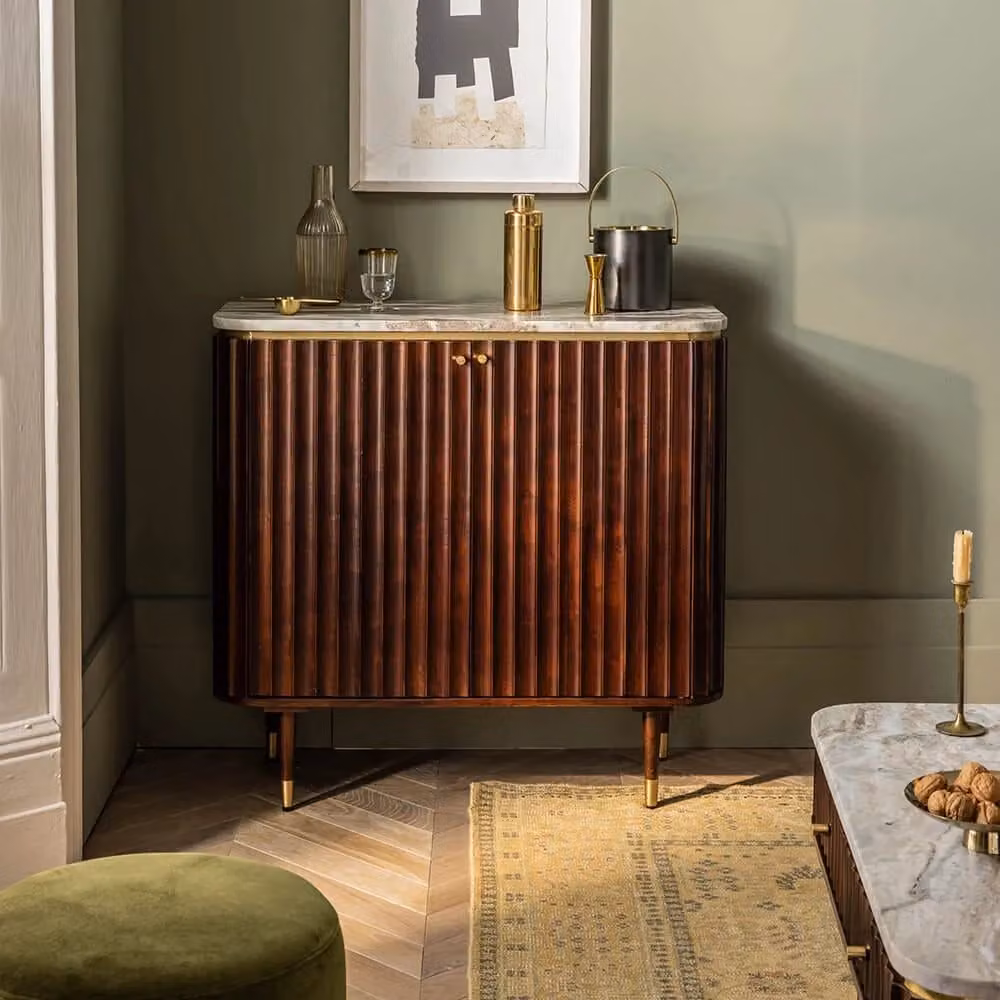 Atkin and Thyme Flute Marble Drinks Cabinet in Vintage Grey, Black and Brown