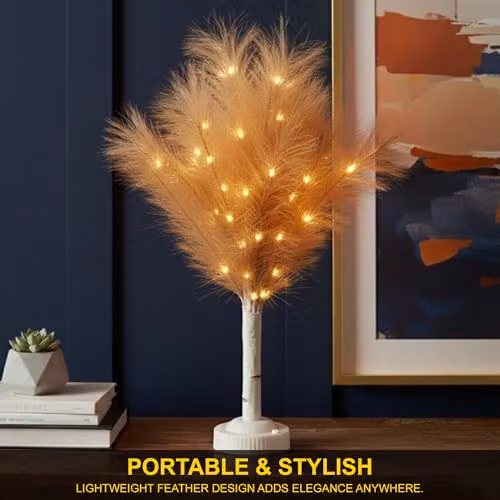 Shatchi 2-Piece Champagne Feather Tree Table Lamp with Warm White LEDs, Beige, Height: 70 cm – 6