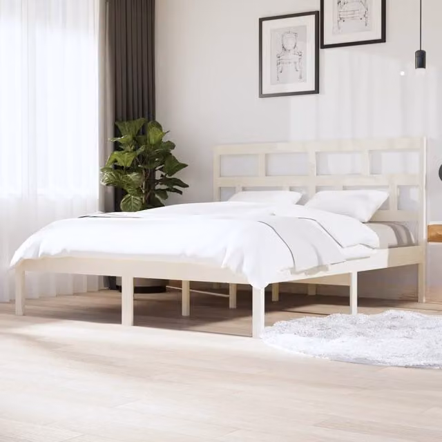 Berkfield Home Modern White Lacquered Solid Pine Bed Frame W/D/H: 160 x 200 cm