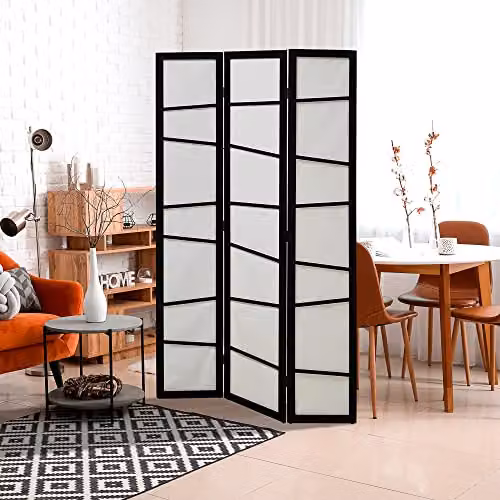 HOMCOM 3 Panel Folding Room Divider with Wood and Metal Frame, White Striped Privacy Screen for Living Room or Bedroom, H: 170 cm, W: 120 cm – 2