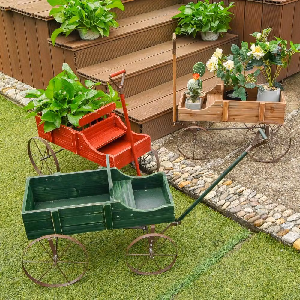 Costway Green Garden Wagon Planter with Two Planting Sections and Rustic Wood and Metal Design – 5
