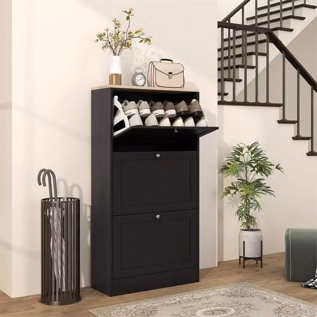 Nordara Black Modern Compact Shoe Storage Cabinet with 3 Tilting Compartments and Internal Shelves – 1