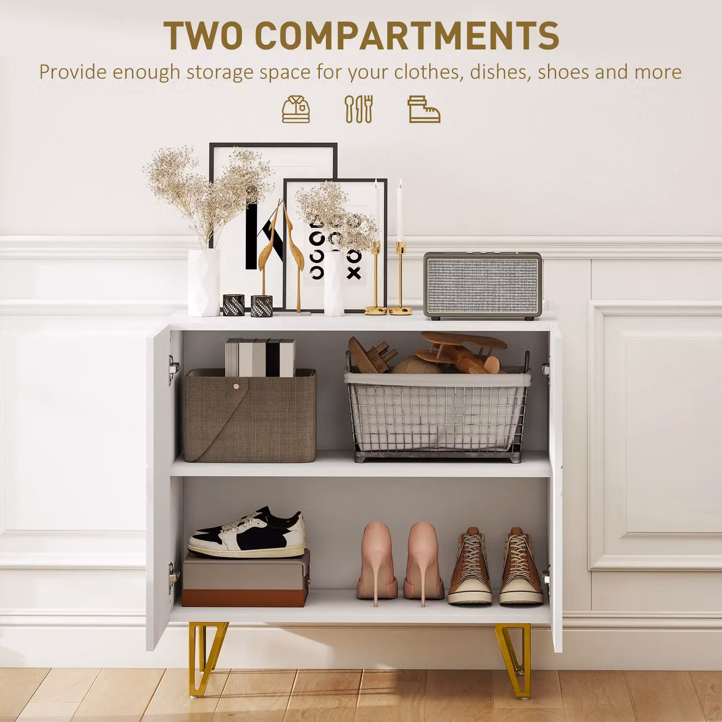 HOMCOM Modern Glossy White and Gold Storage Cabinet with Adjustable Shelf, W/D/H: 80 x 40 x 75 cm – 3