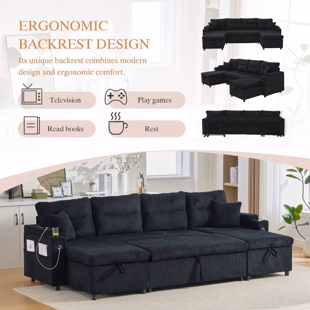 Rolipo Black 4-Seater Corduroy Sofa Bed with Reversible Dual Chaise, Storage, USB Charging and Cup Holders – 7