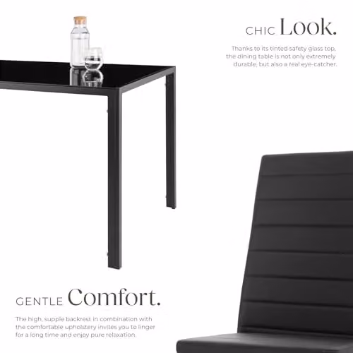 tectake Modern Dining Table Set with 6 Black Faux Leather Chairs and Glass Top – 3