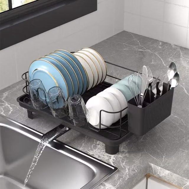 Lifeideas Black Carbon Steel Dish Drainer with Rotating Telescopic Drainage Pipe, Cutlery Holder and Drip Tray