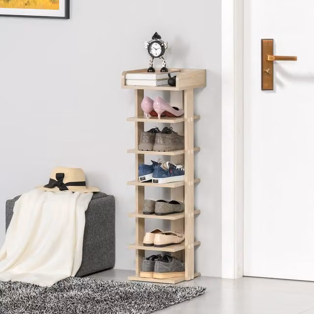 HOMCOM 7 Tier Modern Wood Shoe Rack in Brown, Yellow and Beige