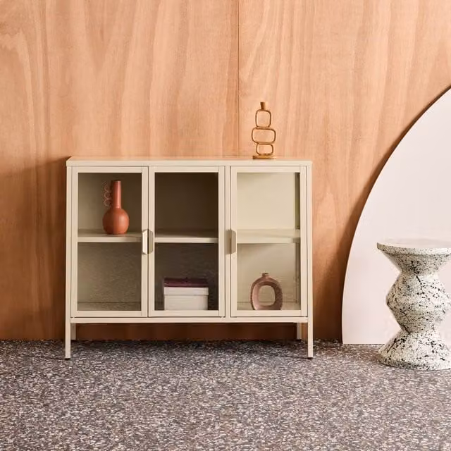 sweeek Industrial Metal and Tempered Glass 3-Door Sideboard, Beige, W: 100 cm, H: 80.5 cm, D: 35 cm