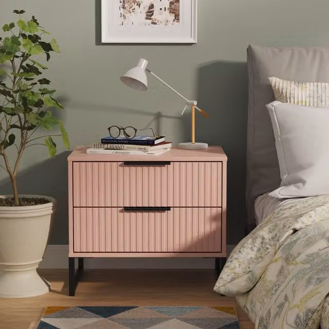 Ready Assembled 2 U Menai 2 Drawer Side Table in Dusty Pink and Black