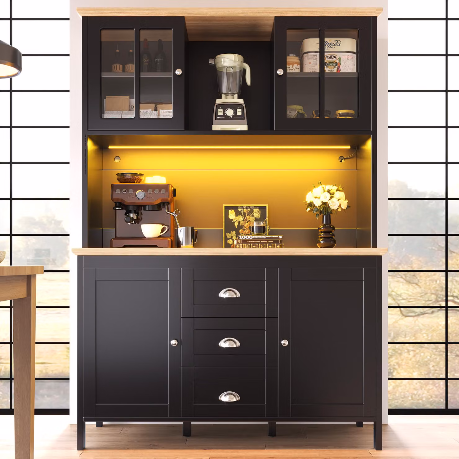 Aosom UK Tall Sideboard with 4 Doors, 3 Drawers and Open Shelf, Modern Black Storage Cabinet for Kitchen and Living Area, W: 120 cm, D: 40 cm, H: 179 cm – 6