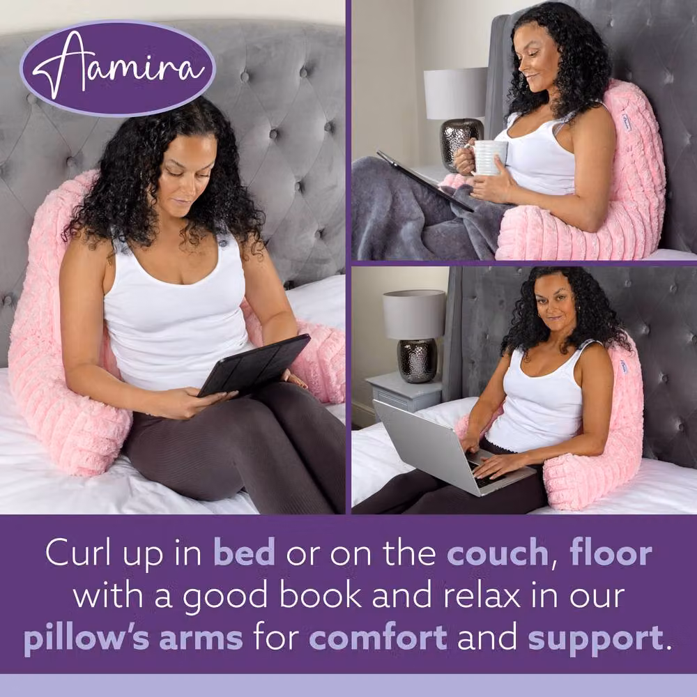 Aamira Pink Faux Fur Ribbed Memory Foam Wedge Reading Pillow Support Cushion – 3