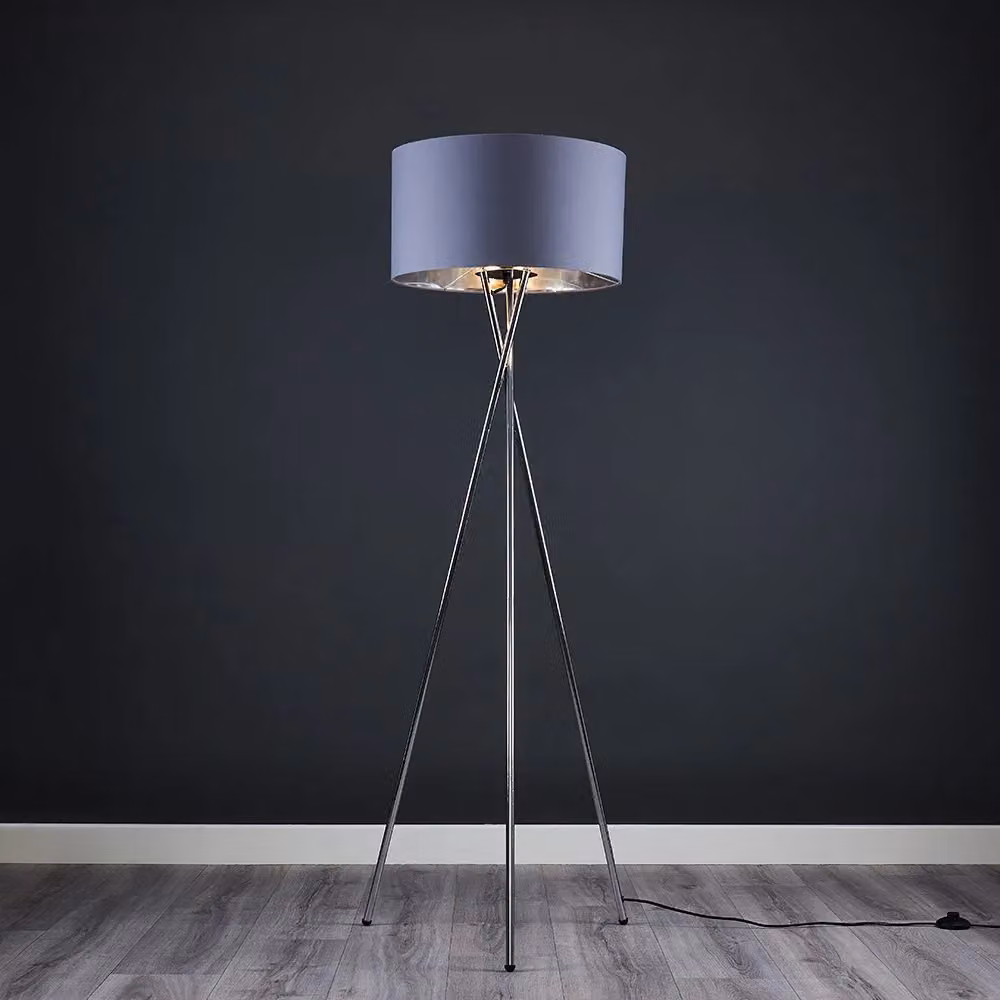 ValueLights Camden Tripod Floor Lamp with Grey Fabric Shade and Chrome Base, Includes Bulb, H 153 cm x W 62 cm – 2