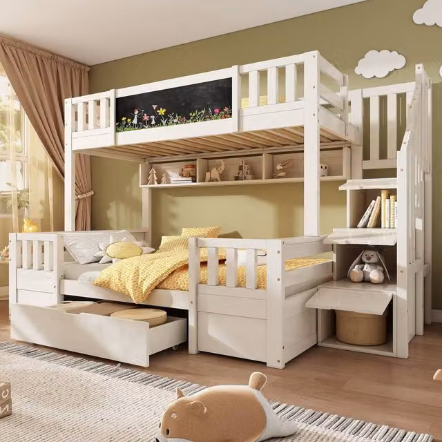 Rolipo Kids Bunk Bed with Staircase and Storage Drawers in White Solid Wood