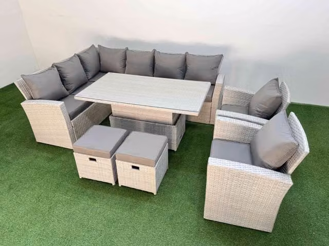 Fimous 10 Seat Garden Furniture Corner Sofa Set with 2 Footstools in Light Grey