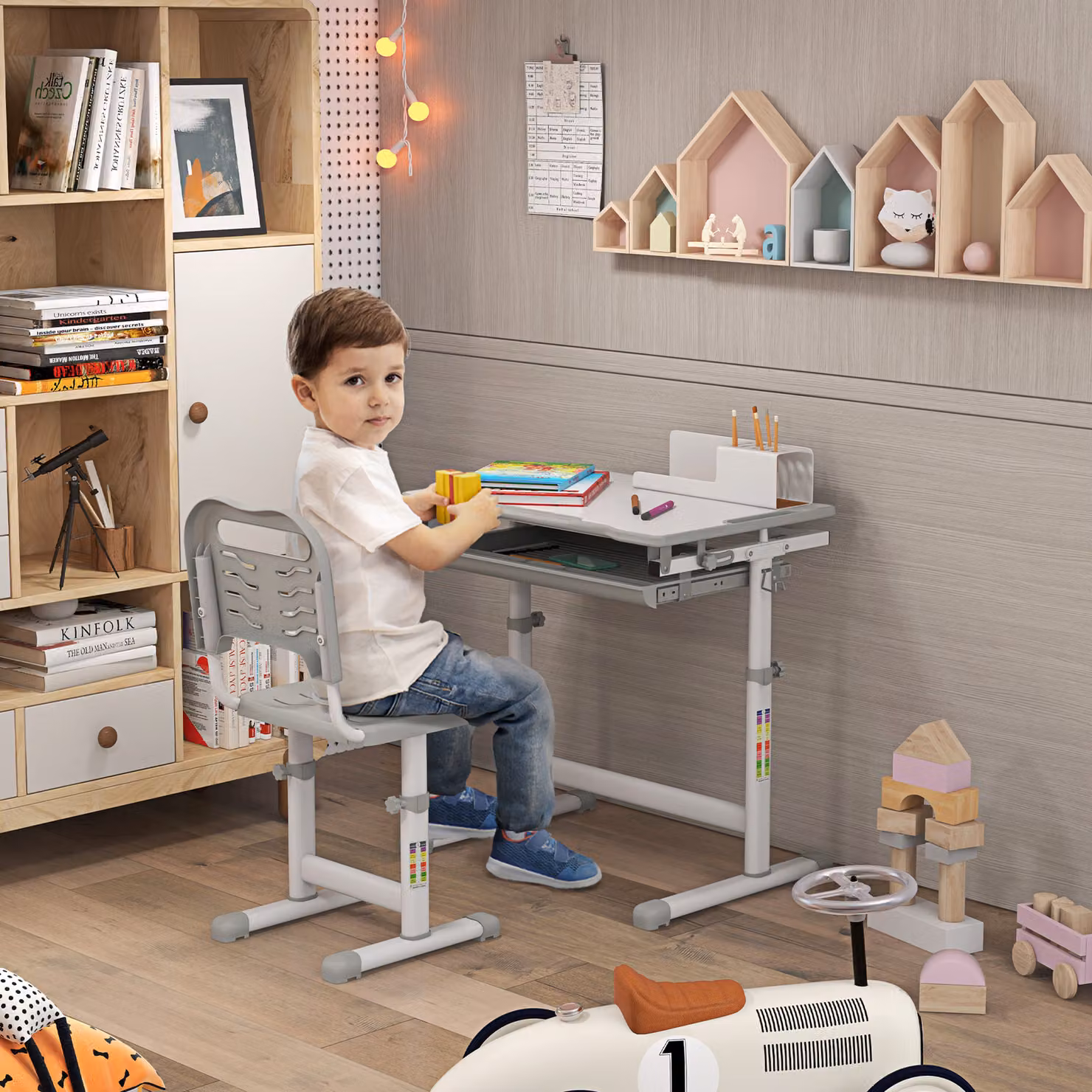 HOMCOM Height Adjustable Kids Desk and Chair Set with Tilting Top in Grey – 2