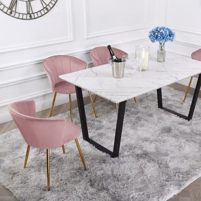 Atlas Marble Dining Table with Four Pink Velvet and Gold Mill Chairs