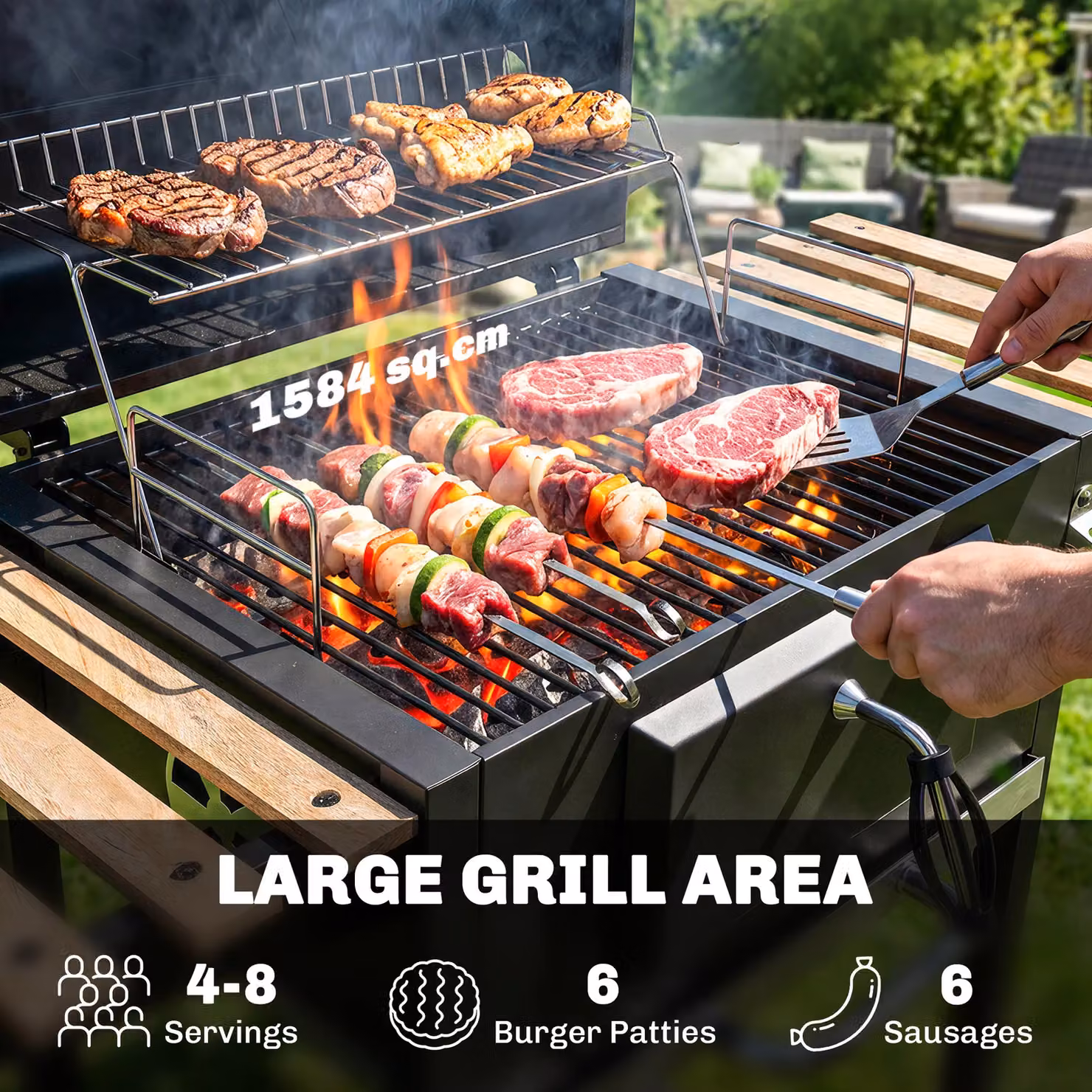 OUTSUNNY Charcoal BBQ Grill with Warming Rack, Temperature Gauge and 3 Shelves, Black, W/D/H: 112 x 58 x 107 cm – 4