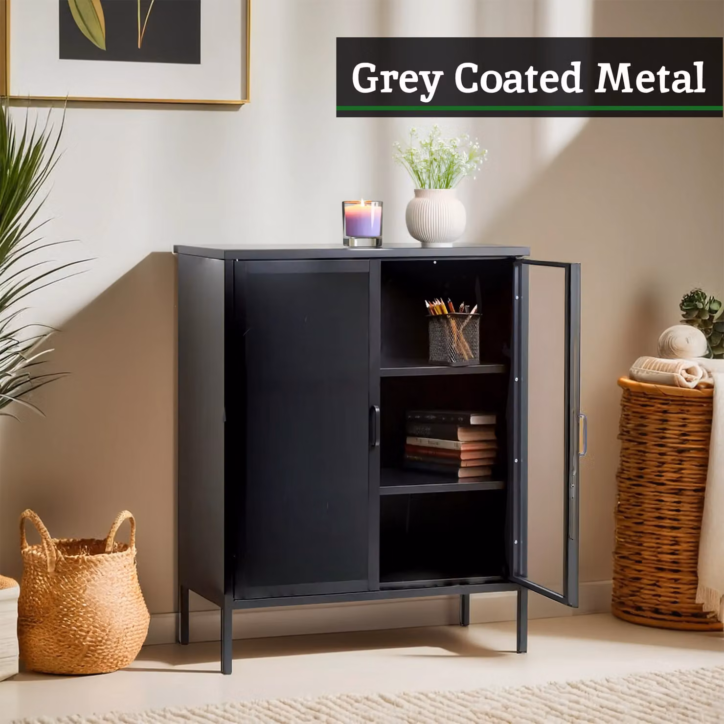 Orsina Industrial Grey Metal and Glass Two Door Cabinet with Internal Shelves, W/D/H: 150 x 75 x 75 cm – 6