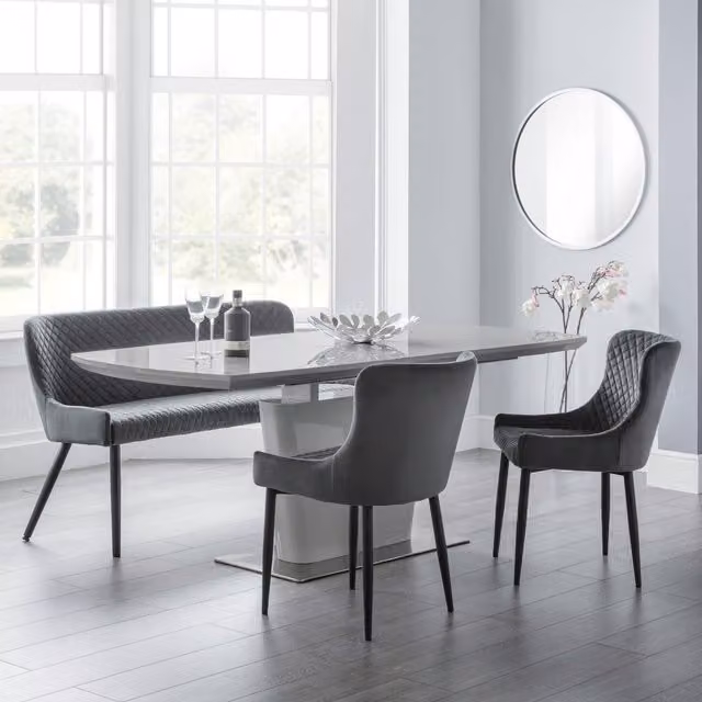 Julian Bowen Como Grey High Gloss Extendable Oval Dining Table, Luxe Bench and Luxe Chairs Set