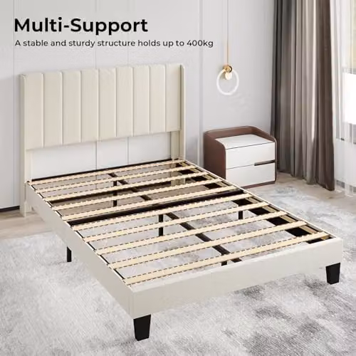 Levede Upholstered Double Bed Frame with Channel Tufted Wingback Headboard in Beige, W/D/H: 140 x 200 x 104 cm – 3