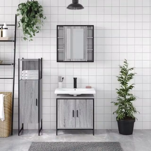 Berkfield Home 3 Piece Grey Bathroom Cabinet Set with Mirror Cabinet, Vanity Unit and Tall Cabinet – 1